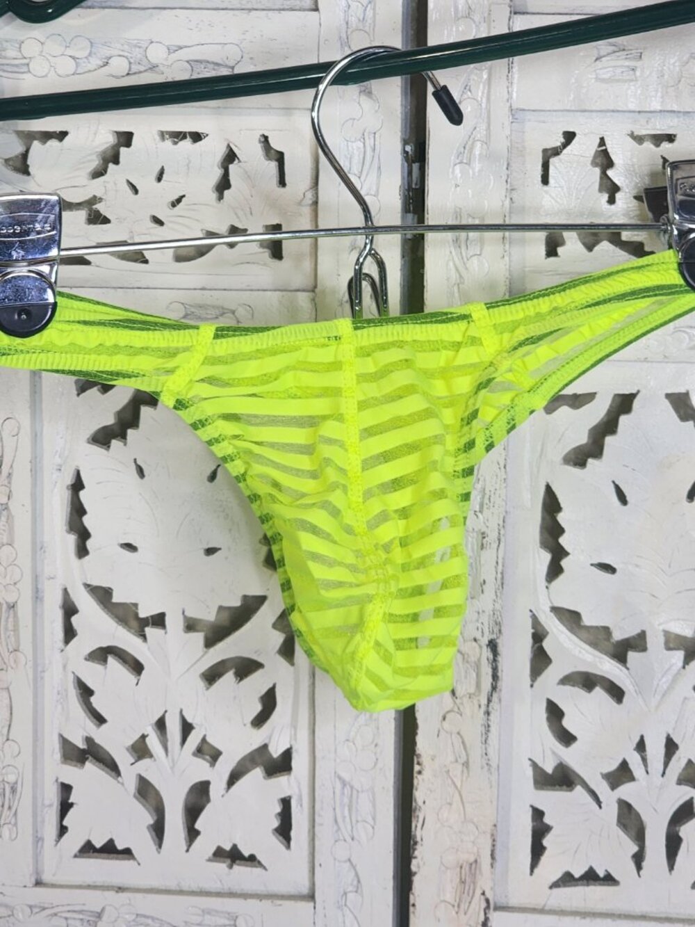Unknown Brand Neon Lime Sheer Gray Metallic Stripe Thong Underwear Fit Like M - Picture 2 of 16